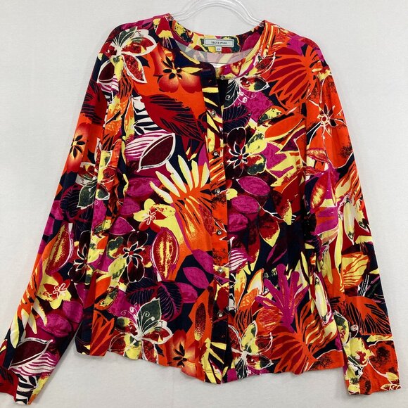Laura Max size 2X Colorful Tropical Floral Leaf Stretch Knit Button Down Elegant - Picture 1 of 9
